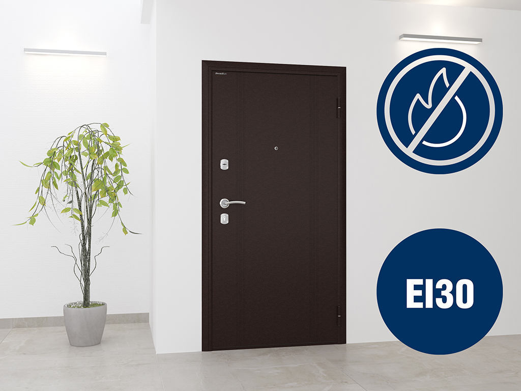 Дополнительно на бытовую дверь «ОПТИМ» можно установить противопожарную терморасширяющуюся ленту. При воздействии высоких температур наполнитель ленты расширяется, заполняя зазоры и препятствуя проникновению дыма. Предел огнестойкости двери при применении терморасширяющейся ленты составляет не менее 30 минут (EI30), что подтверждено сертификатом соответствия ГОСТ Р 53307-2009.